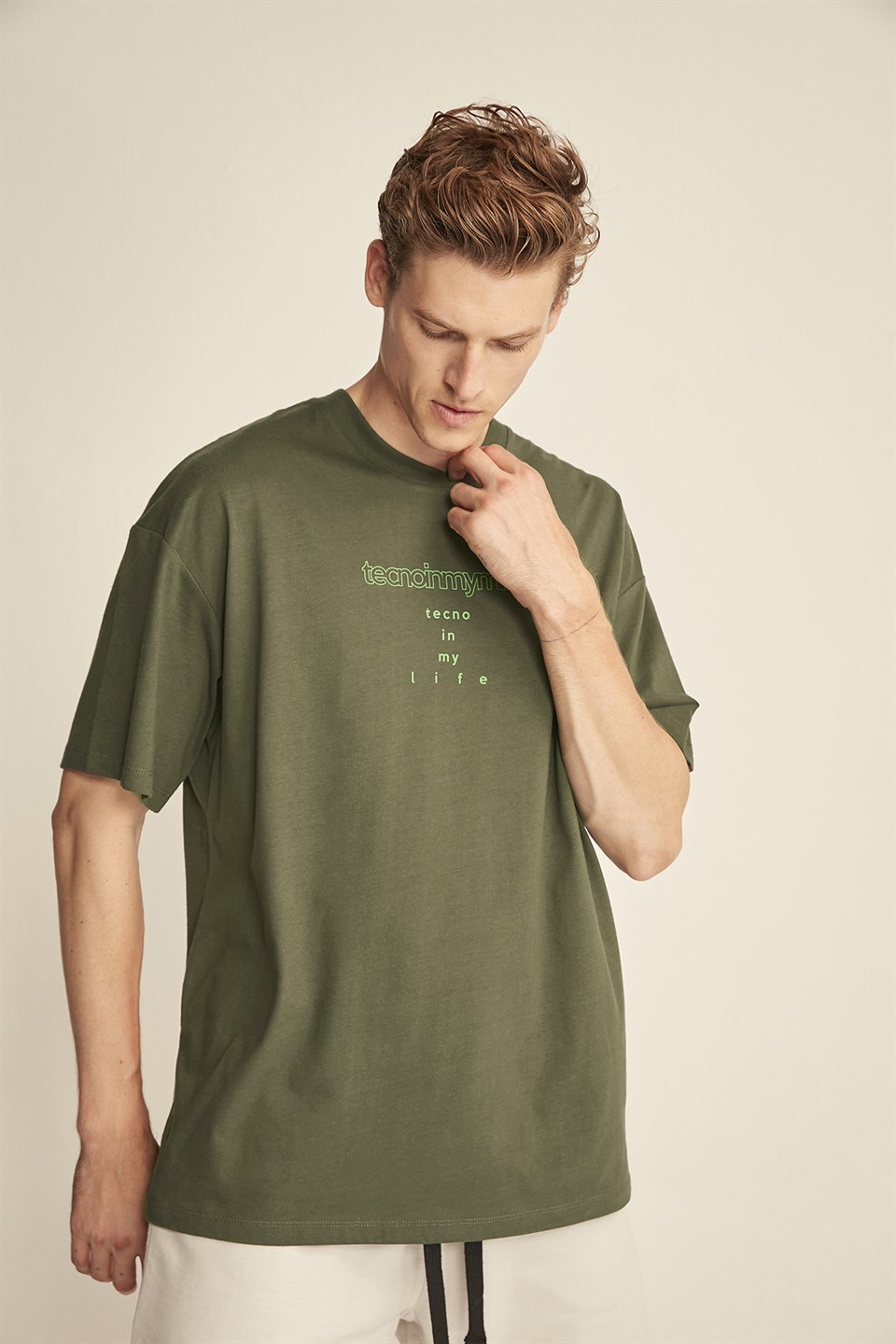 BIEBER Erkek Haki Baskılı Yuvarlak Yaka Oversize T-Shirt