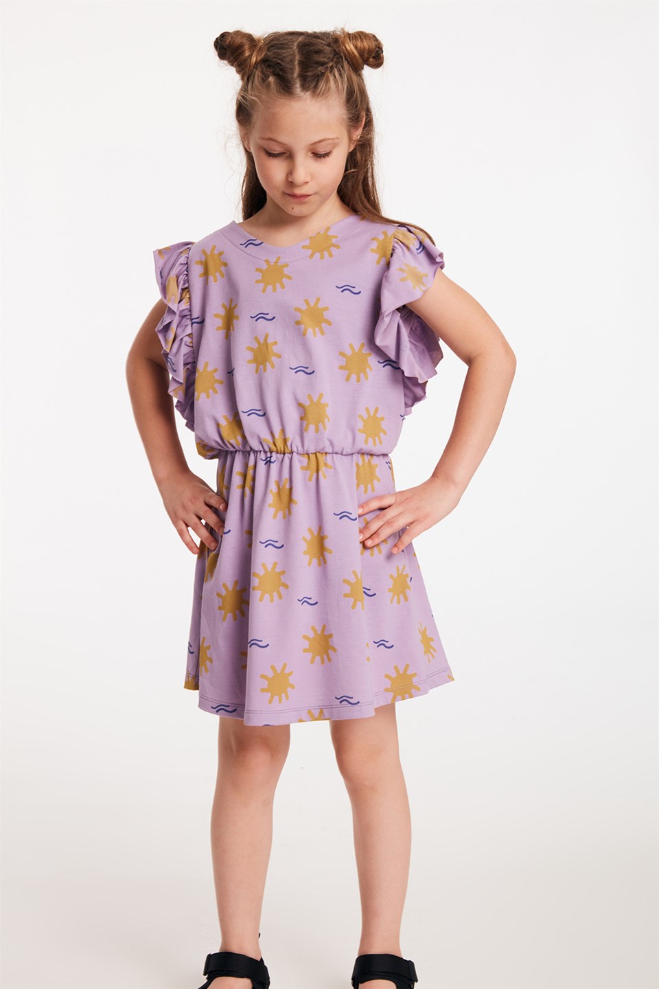 BLAIR Kız Çocuk Sarı Kolları Fırfır Detaylı Beli Lastikli Desenli Elbise