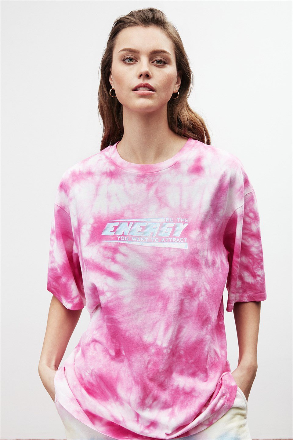 ENERGY Kadın Pembe Baskılı Yuvarlak Yaka Oversıze T-Shirt