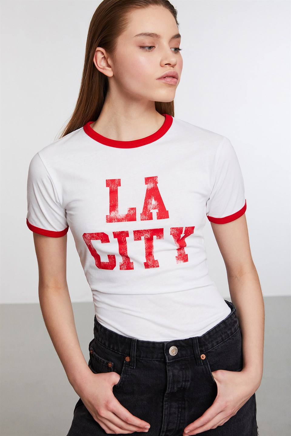 LOSANGELES Kadın Kırmızı Baskılı Yuvarlak Yaka Comfort Fit T-Shirt