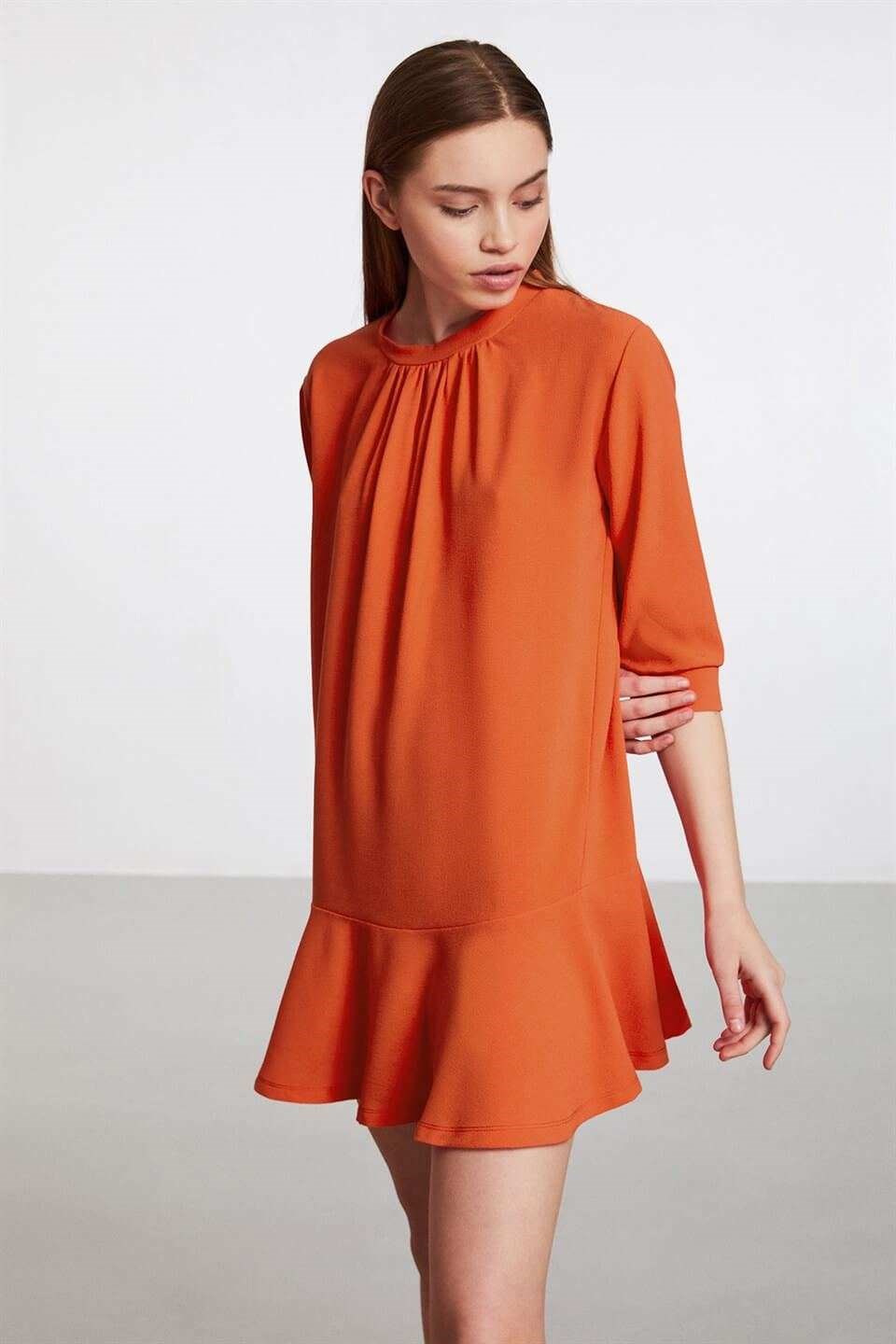 MALAGA Kadın Nar Çiçeği Düz Renk Yuvarlak Yaka Comfort Fit Elbise