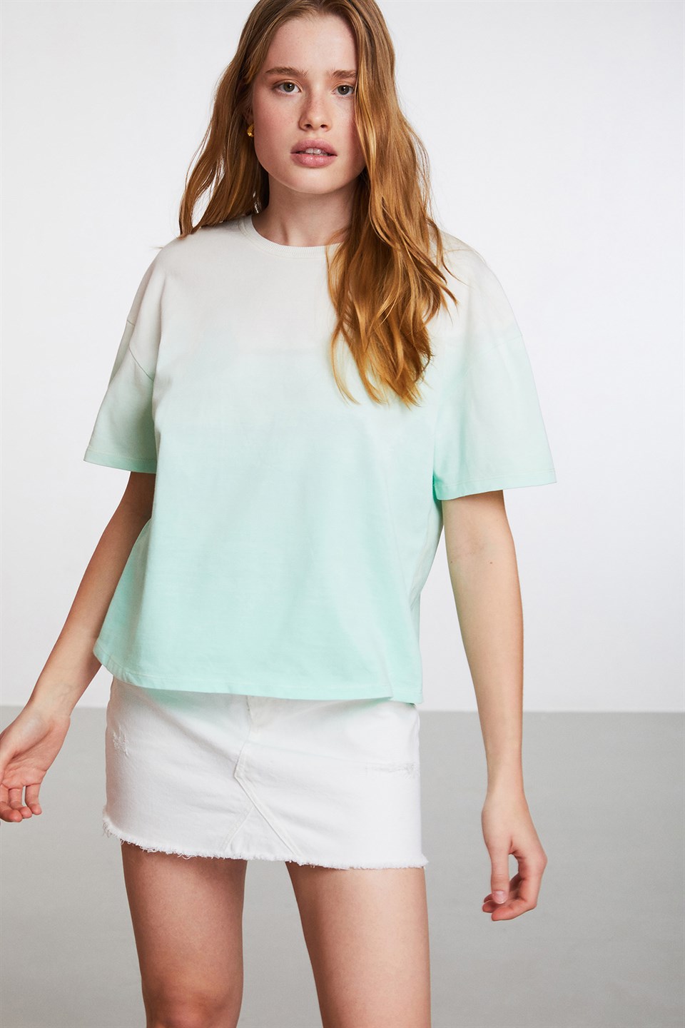 MIAMI Kadın Yeşil Batik Yuvarlak Yaka Oversize T-Shirt