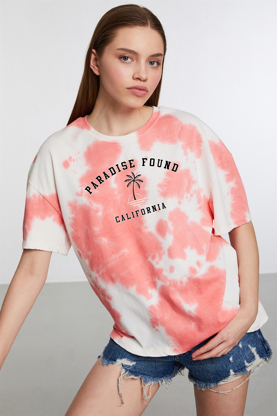 MOROCCO Nar Çiçeği Kadın Baskılı Yuvarlak Yaka     Oversıze T-Shirt