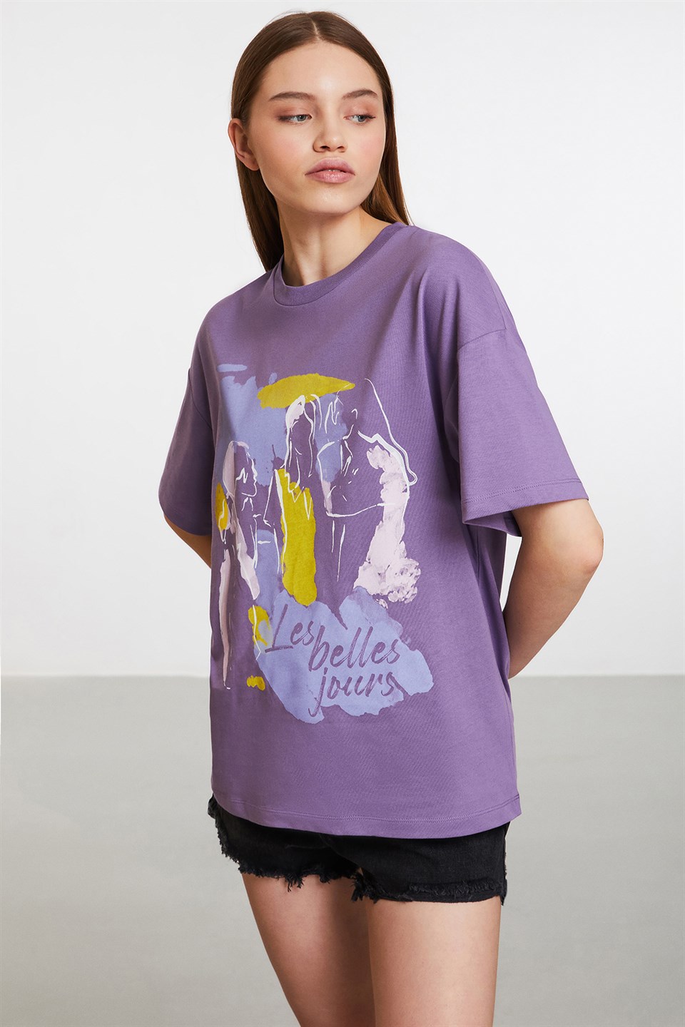 STARFISH Kadın Mor Baskılı Yuvarlak Yaka Oversize T-Shirt