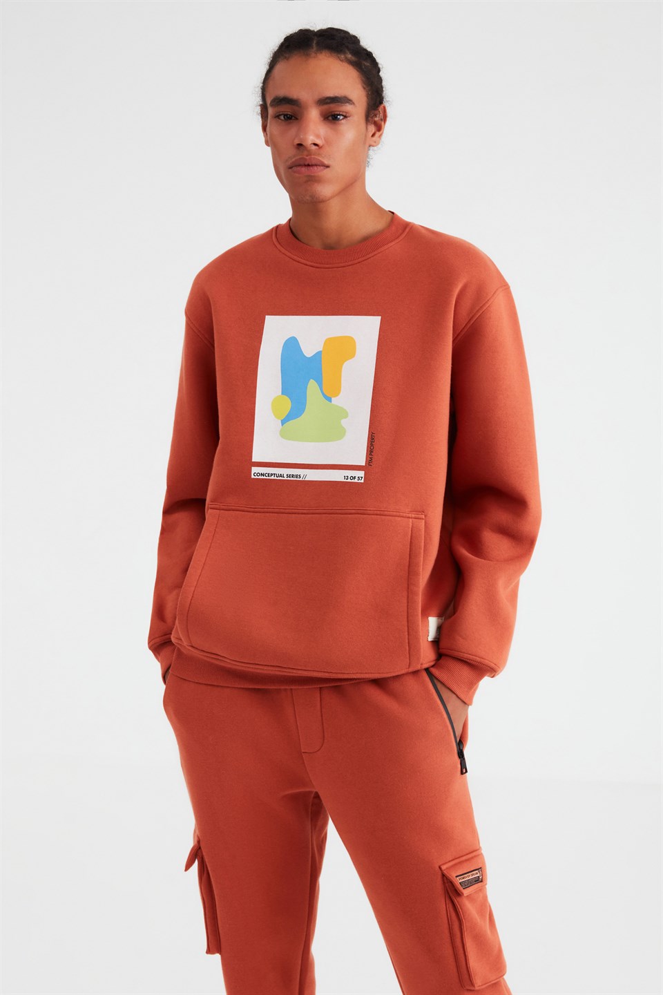 AWKS Erkek Kiremit Rengi Baskılı Yuvarlak Yaka Comfort Fit Sweatshirt