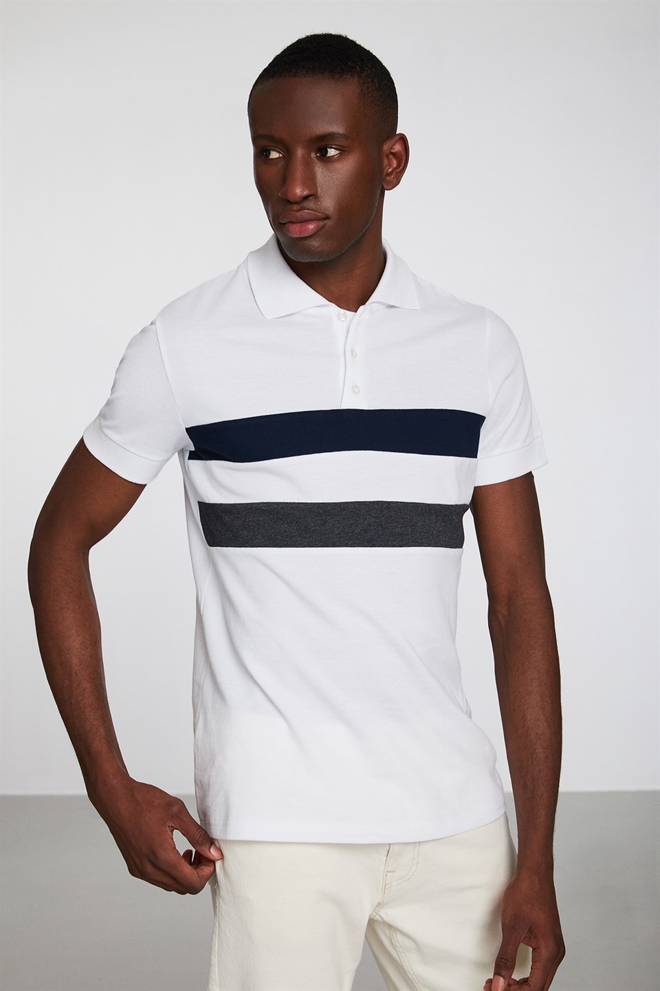 BENNET Erkek Beyaz Renk Bloklu Polo Yaka Slim Fit Polo Yaka T-shirt