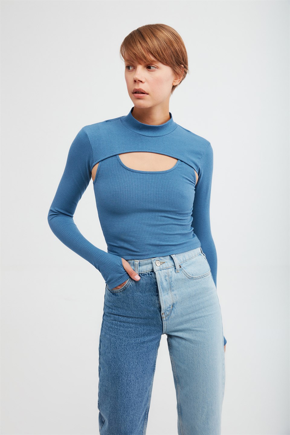 BITTER Kadın Mavi Düz Renk Balıkçı Yaka Slim Fit Bluz