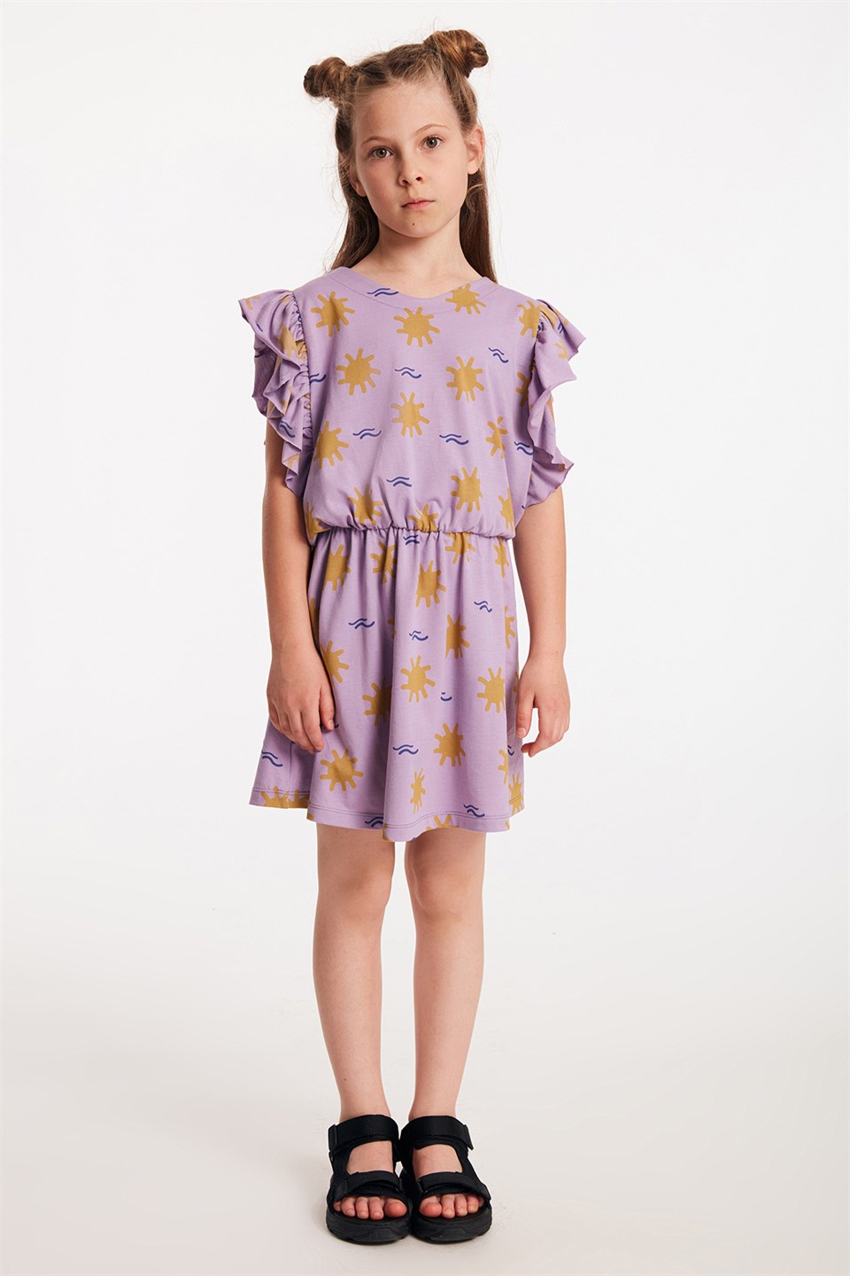 BLAIR Kız Çocuk Sarı Kolları Fırfır Detaylı Beli Lastikli Desenli Elbise
