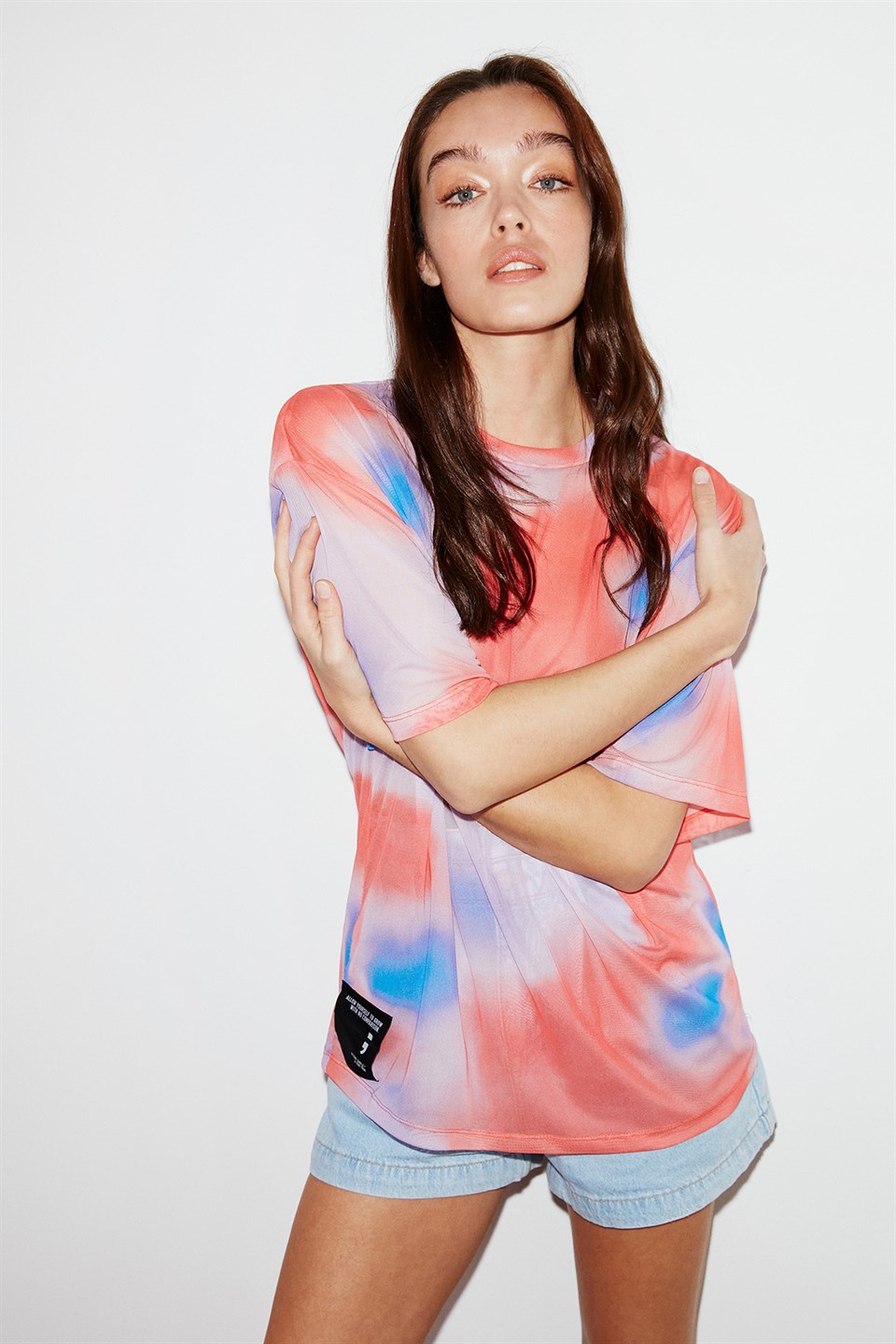 BONBON Kadın Pembe Batik Desenli Tül Yuvarlak Yaka Oversize T-Shirt