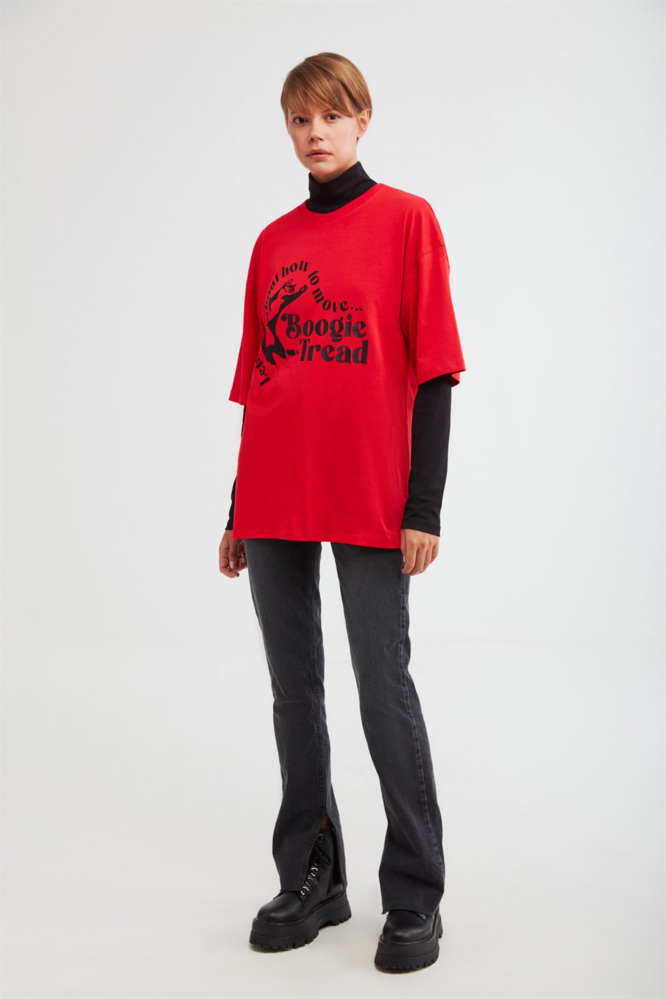 BOOGIE Kadın Kırmızı Baskılı Yuvarlak Yaka Oversize T-Shirt