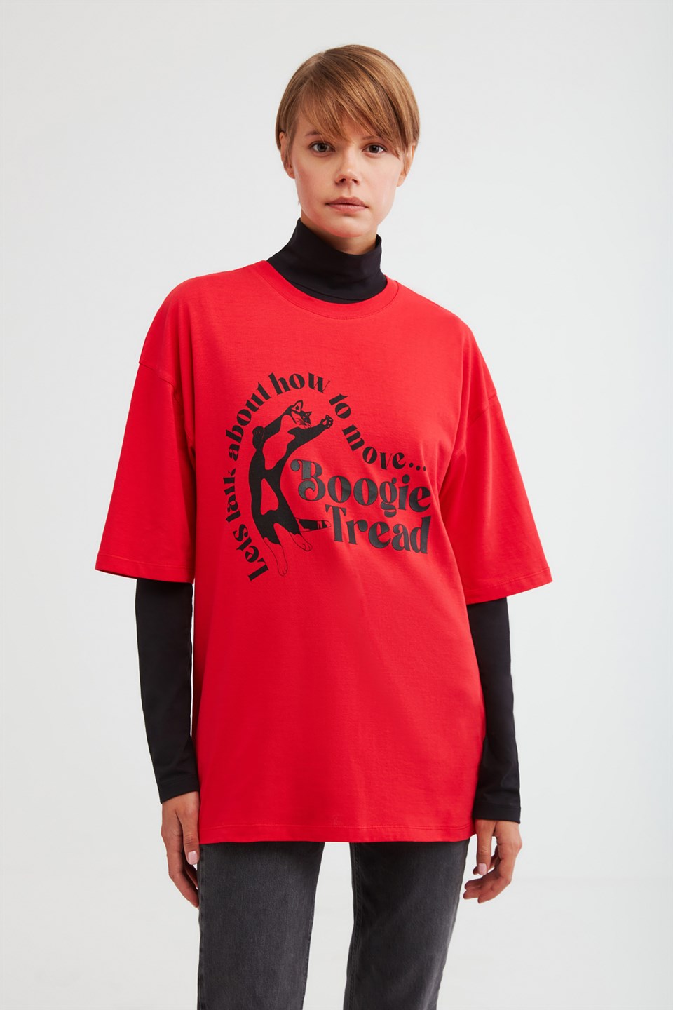 BOOGIE Kadın Kırmızı Baskılı Yuvarlak Yaka Oversize T-Shirt