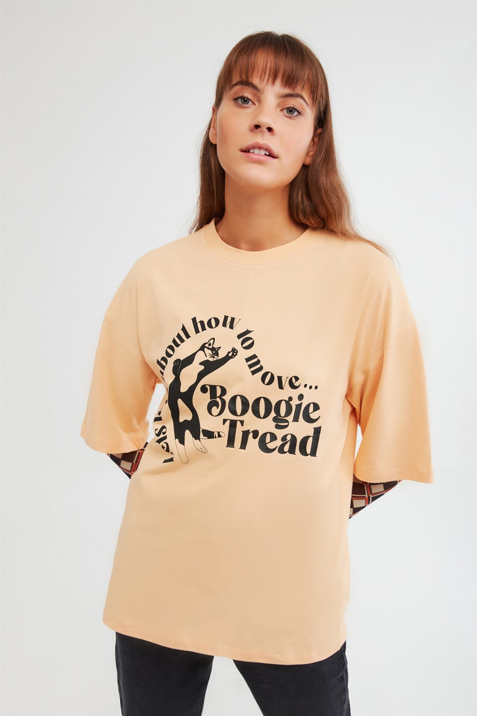 BOOGIE Kadın Somon Baskılı Yuvarlak Yaka Oversıze T-Shirt