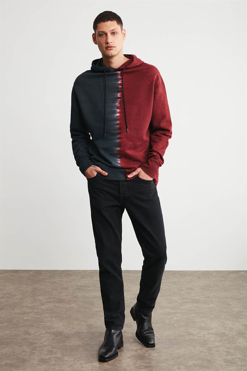 BRONX Erkek Bordo Batik Kapüşonlu Comfort Fit Sweatshirt