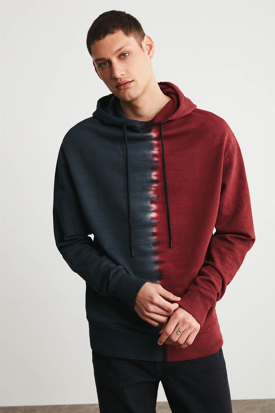 BRONX Erkek Bordo Batik Kapüşonlu Comfort Fit Sweatshirt