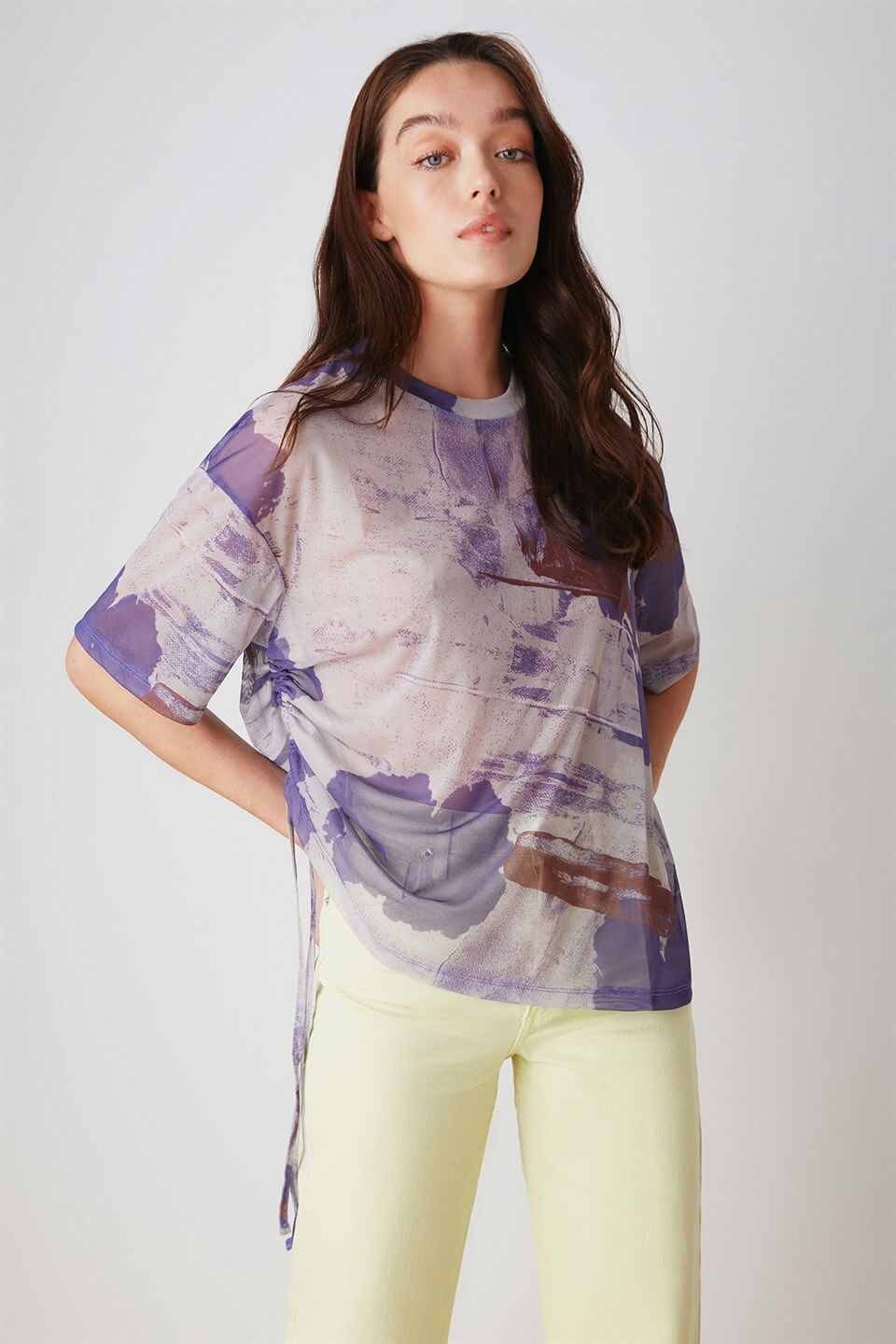 CHARCOAL Kadın Mor Baskılı Tül Yuvarlak Yaka Oversıze T-Shirt