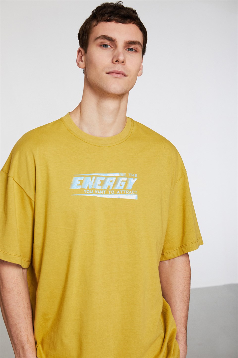 CRACK Erkek Safran Sarı Baskılı Yuvarlak Yaka Oversize T-Shirt