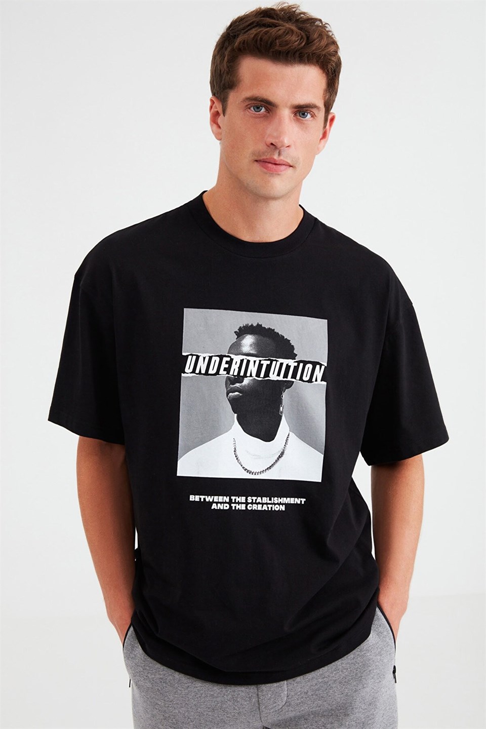 DECK Erkek Siyah Baskılı Yuvarlak Yaka Oversıze T-Shirt