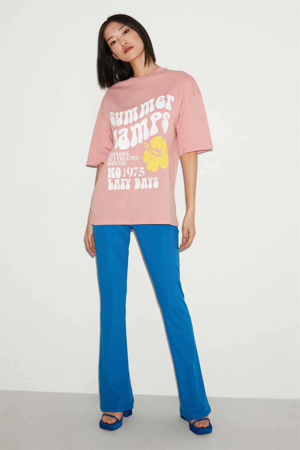 DELPHINE Kadın Pembe Baskılı Yuvarlak Yaka Oversize T-Shirt