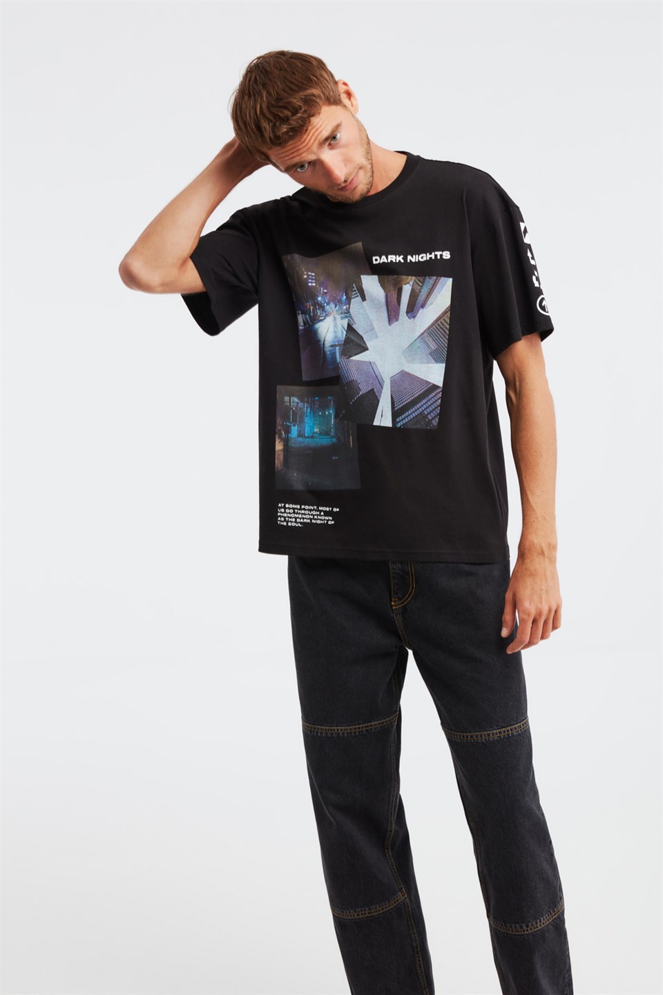 DEVO Erkek Siyah Baskılı Yuvarlak Yaka Oversize T-Shirt