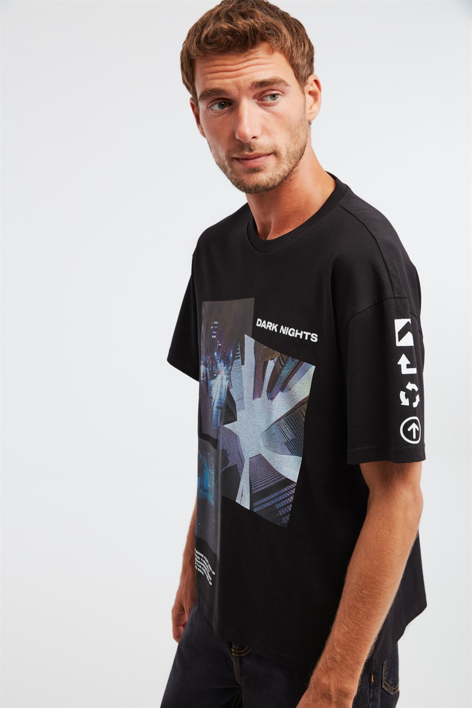 DEVO Erkek Siyah Baskılı Yuvarlak Yaka Oversize T-Shirt