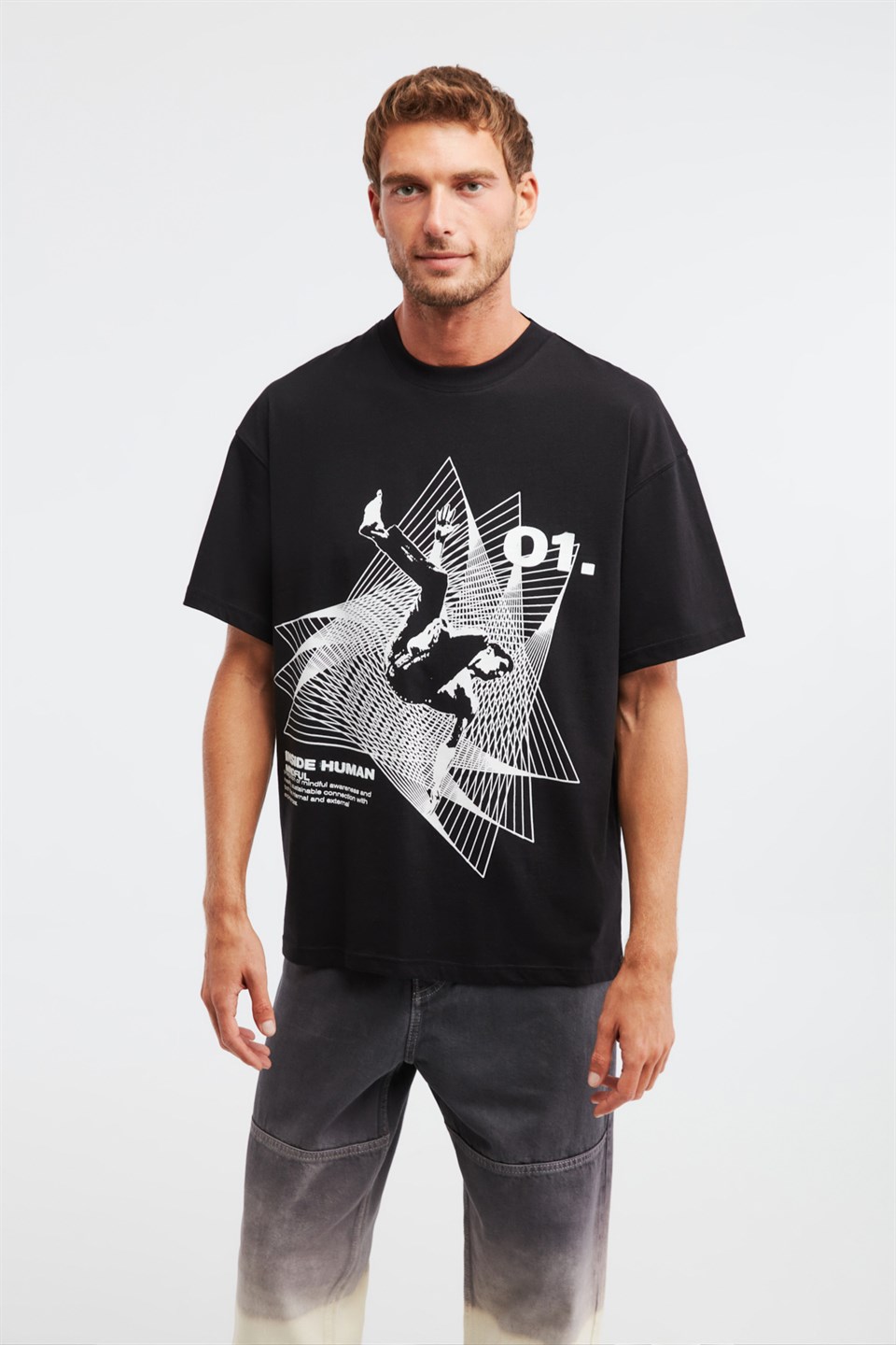 DISCOLORED Erkek Siyah Baskılı Yuvarlak Yaka Oversize T-Shirt