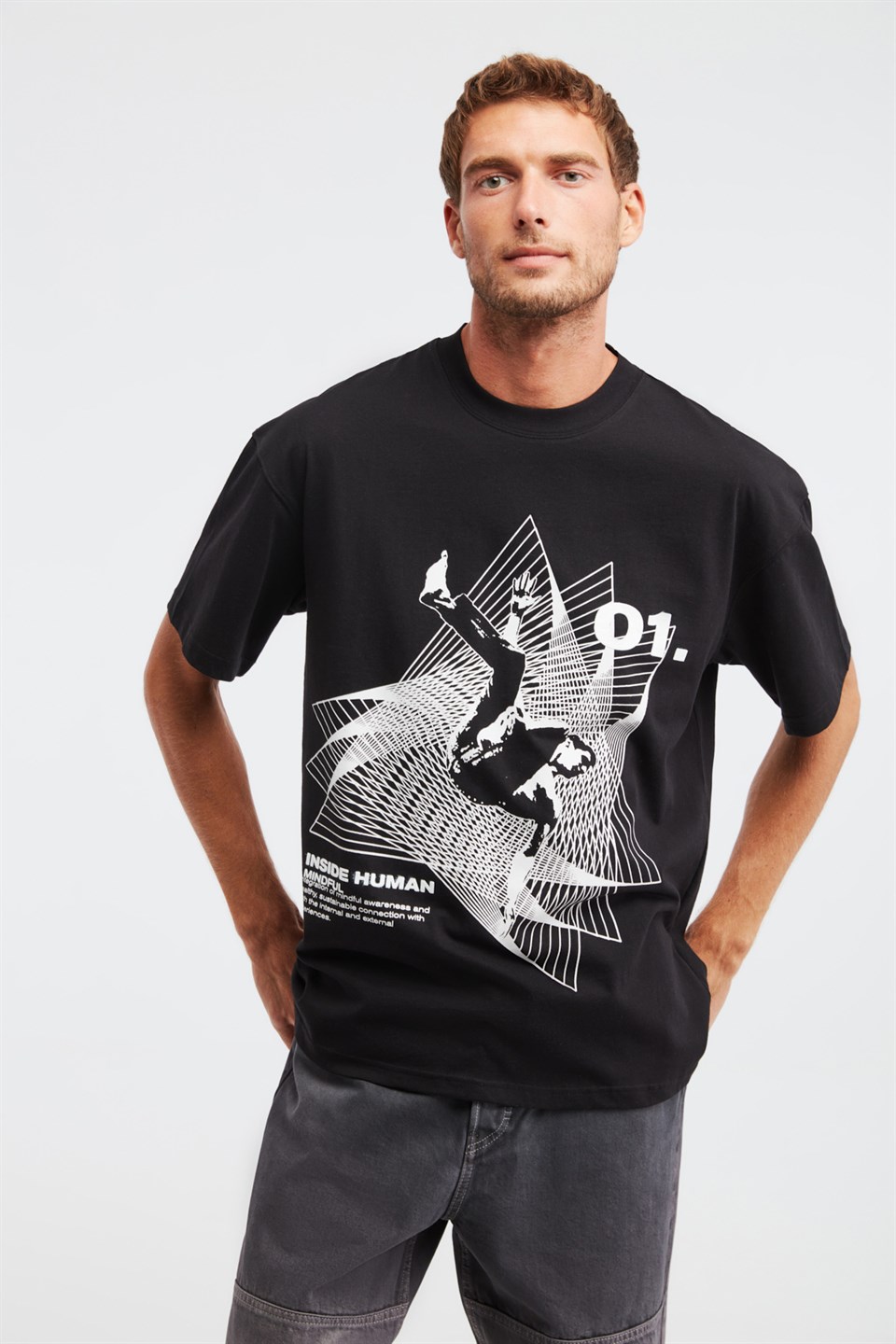 DISCOLORED Erkek Siyah Baskılı Yuvarlak Yaka Oversize T-Shirt