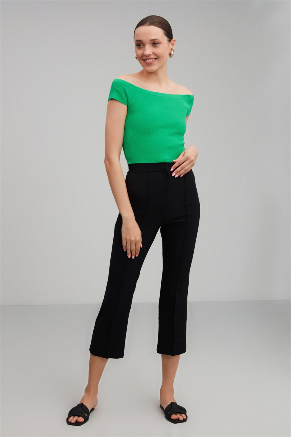 ELANAOR Yeşil Kadın Düz Renk   Omuzu Açık Triko   Bluz