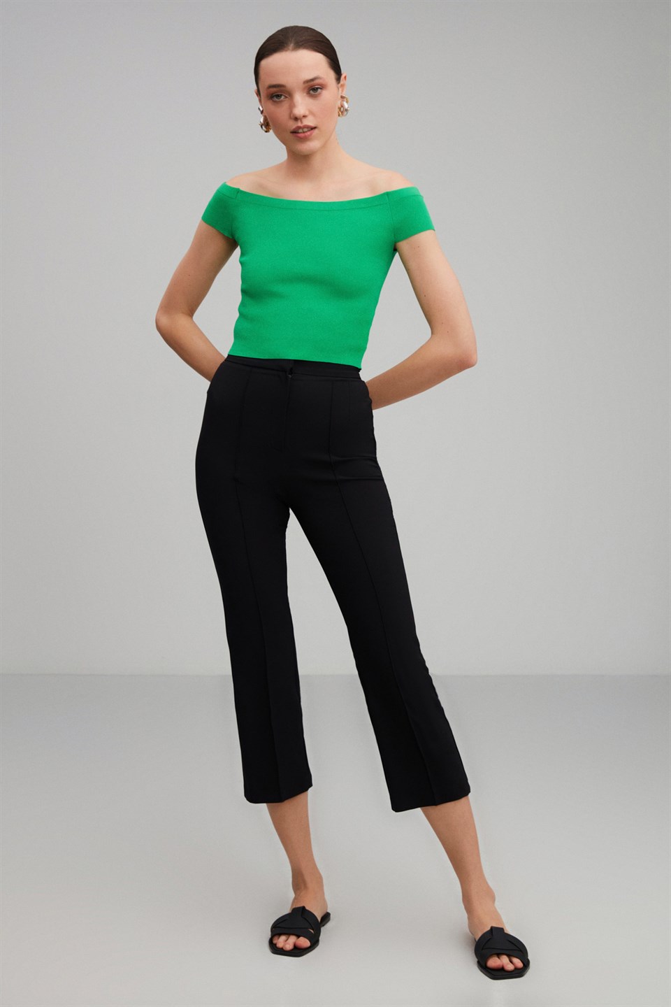 ELANAOR Yeşil Kadın Düz Renk   Omuzu Açık Triko   Bluz