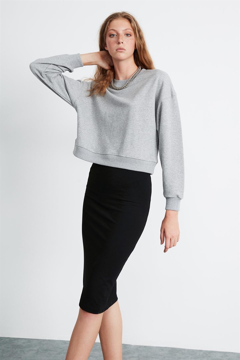 ELIZABETH Kadın Grimelanj Düz Renk Yuvarlak Yaka Comfort Fit Sweatshirt