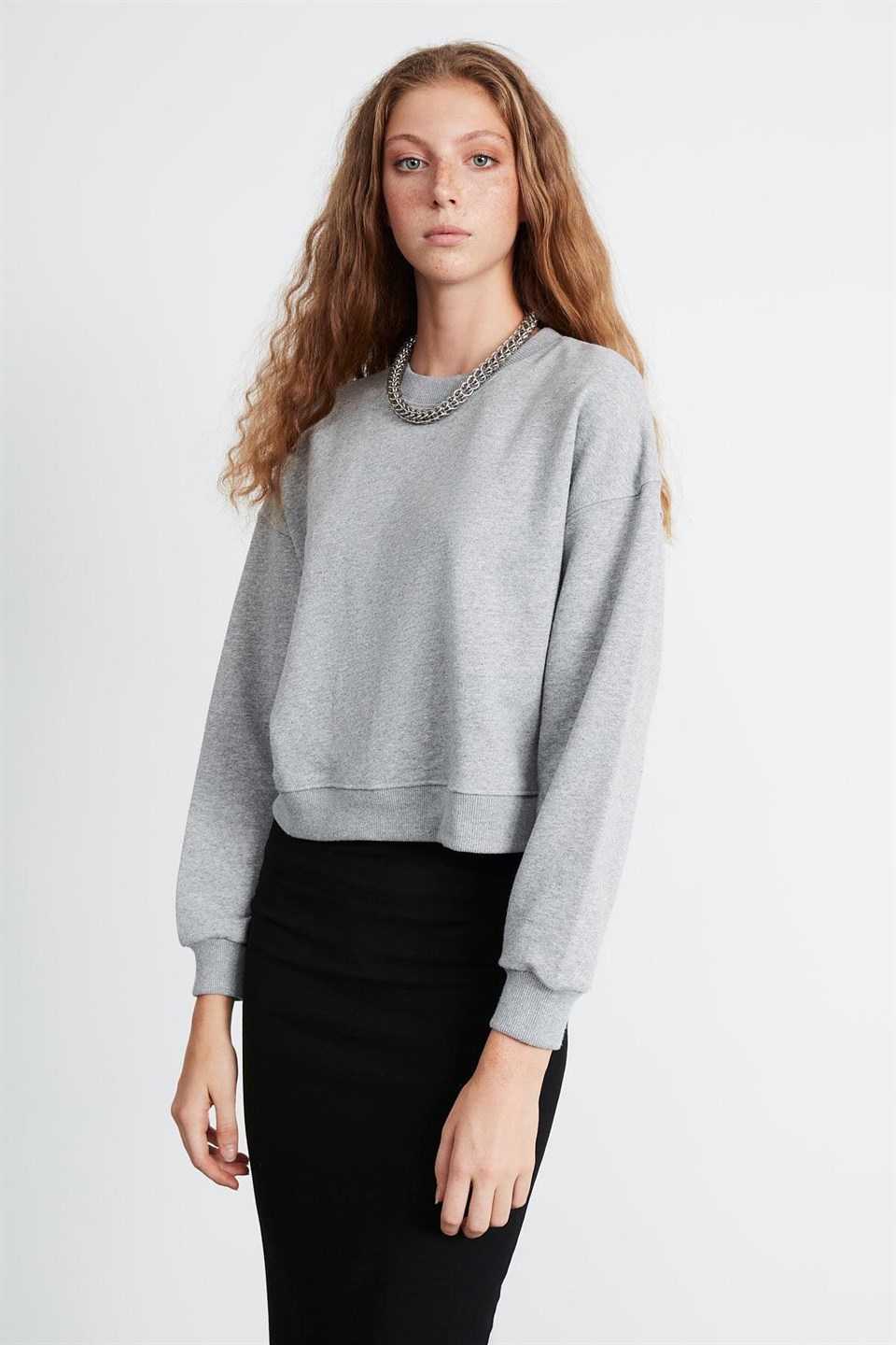 ELIZABETH Kadın Grimelanj Düz Renk Yuvarlak Yaka Comfort Fit Sweatshirt