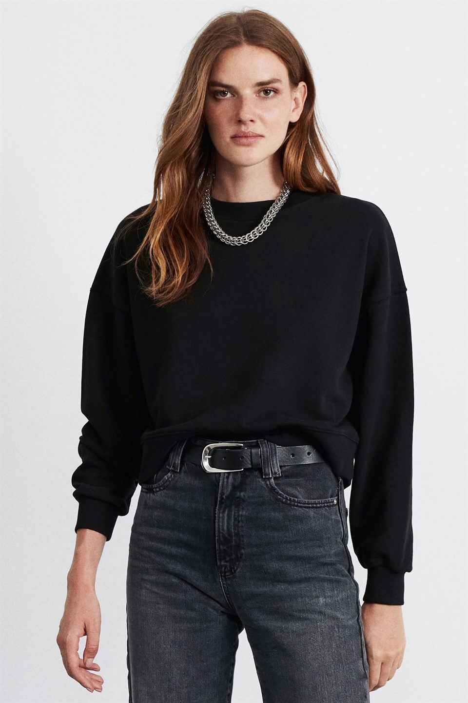 ELIZABETH Kadın Siyah Düz Renk Yuvarlak Yaka Comfort Fit Sweatshirt