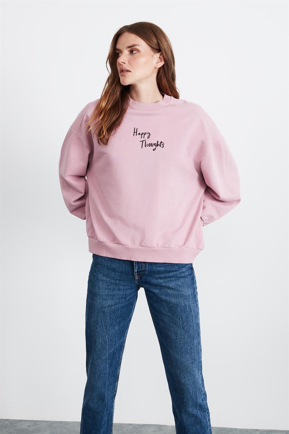 EMILY Kadın Pembe Baskılı ve Nakışlı Yuvarlak Yaka Oversize Sweatshirt