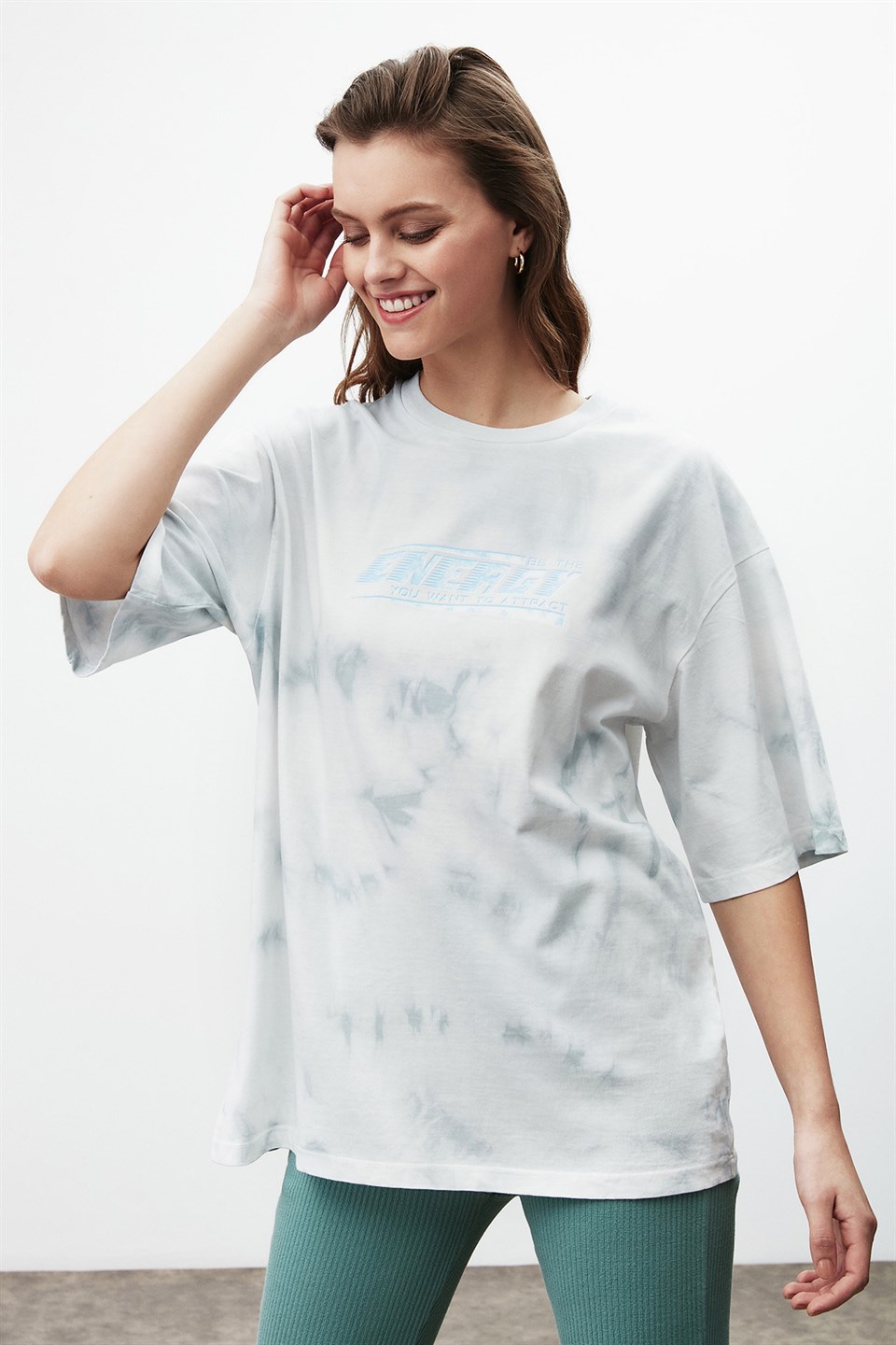 ENERGY Kadın Gri Baskılı Yuvarlak Yaka Oversıze T-Shirt