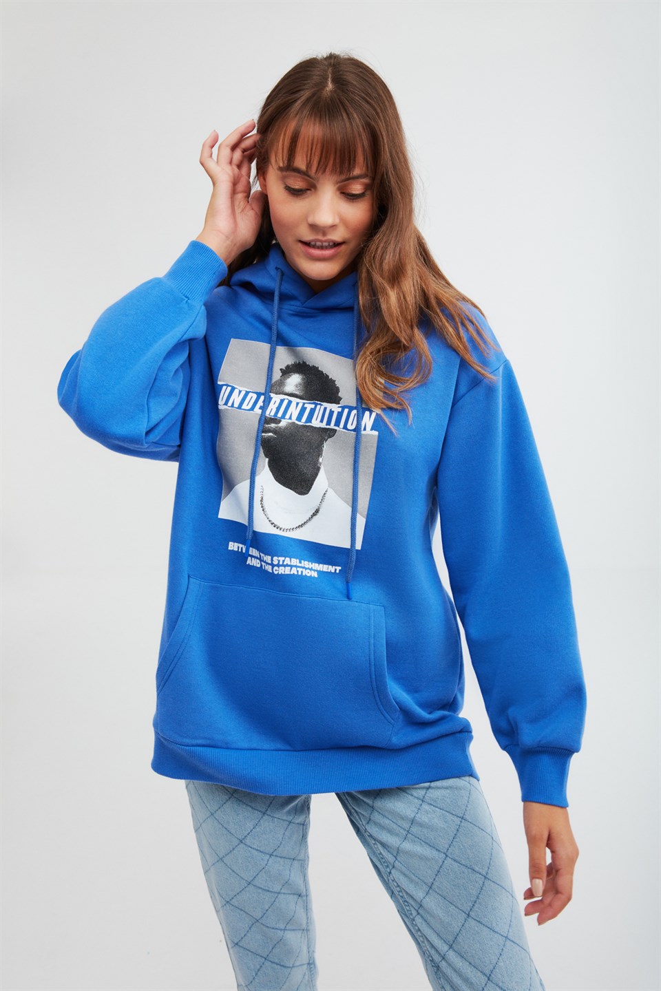 EXPANSION Kadın Saks Mavi Baskılı Kapüşonlu Ekstra Oversize Sweatshirt
