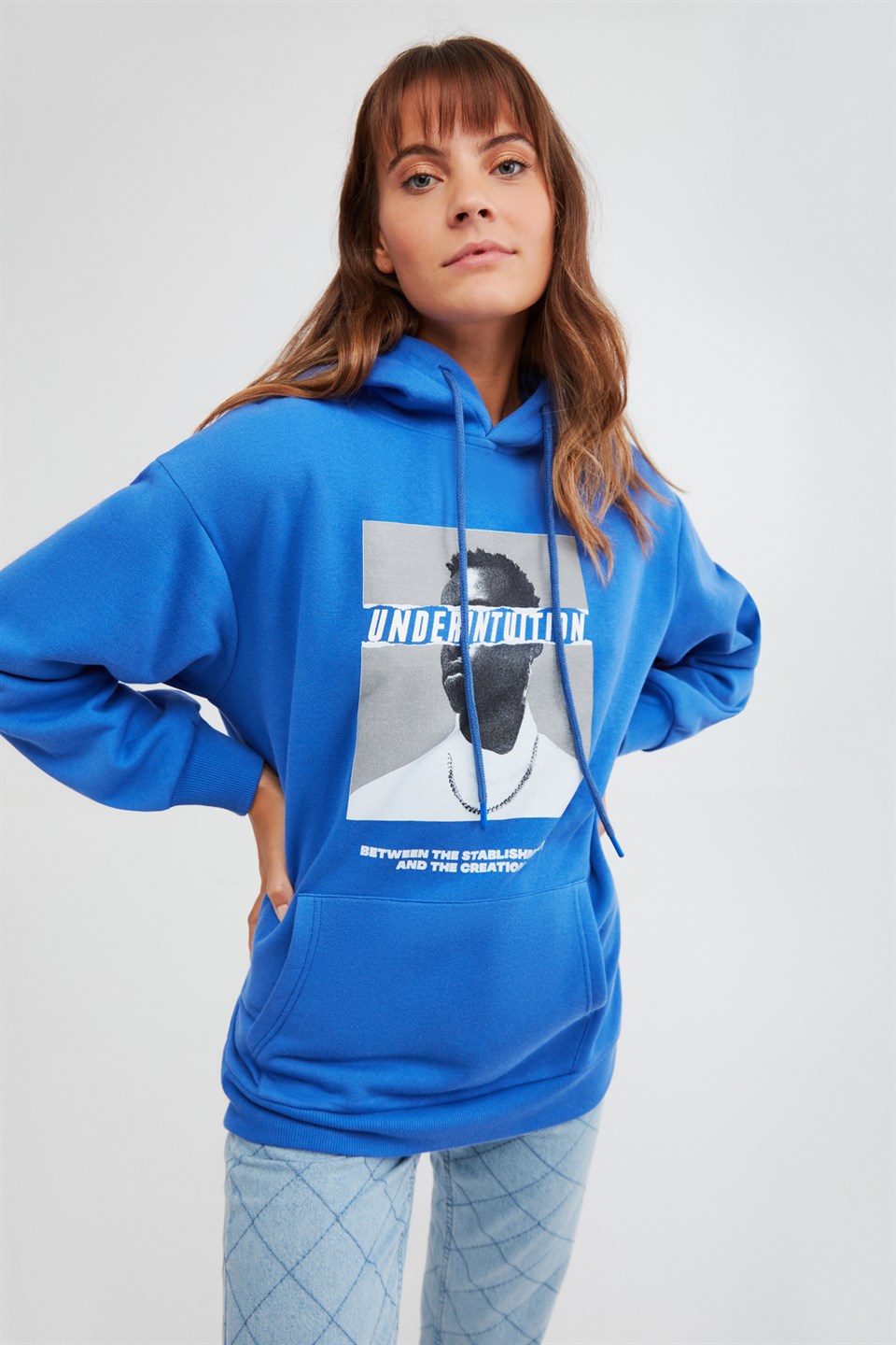 EXPANSION Kadın Saks Mavi Baskılı Kapüşonlu Ekstra Oversize Sweatshirt