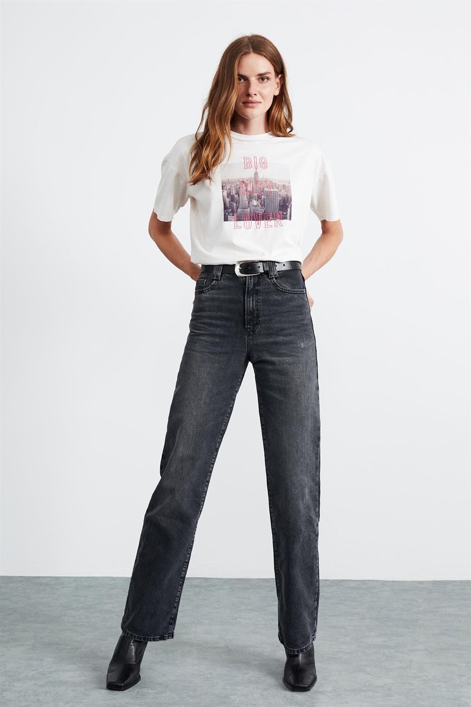 FAUNA Kadın Ekru Baskılı ve Nakışlı Yuvarlak Yaka Oversize T-Shirt
