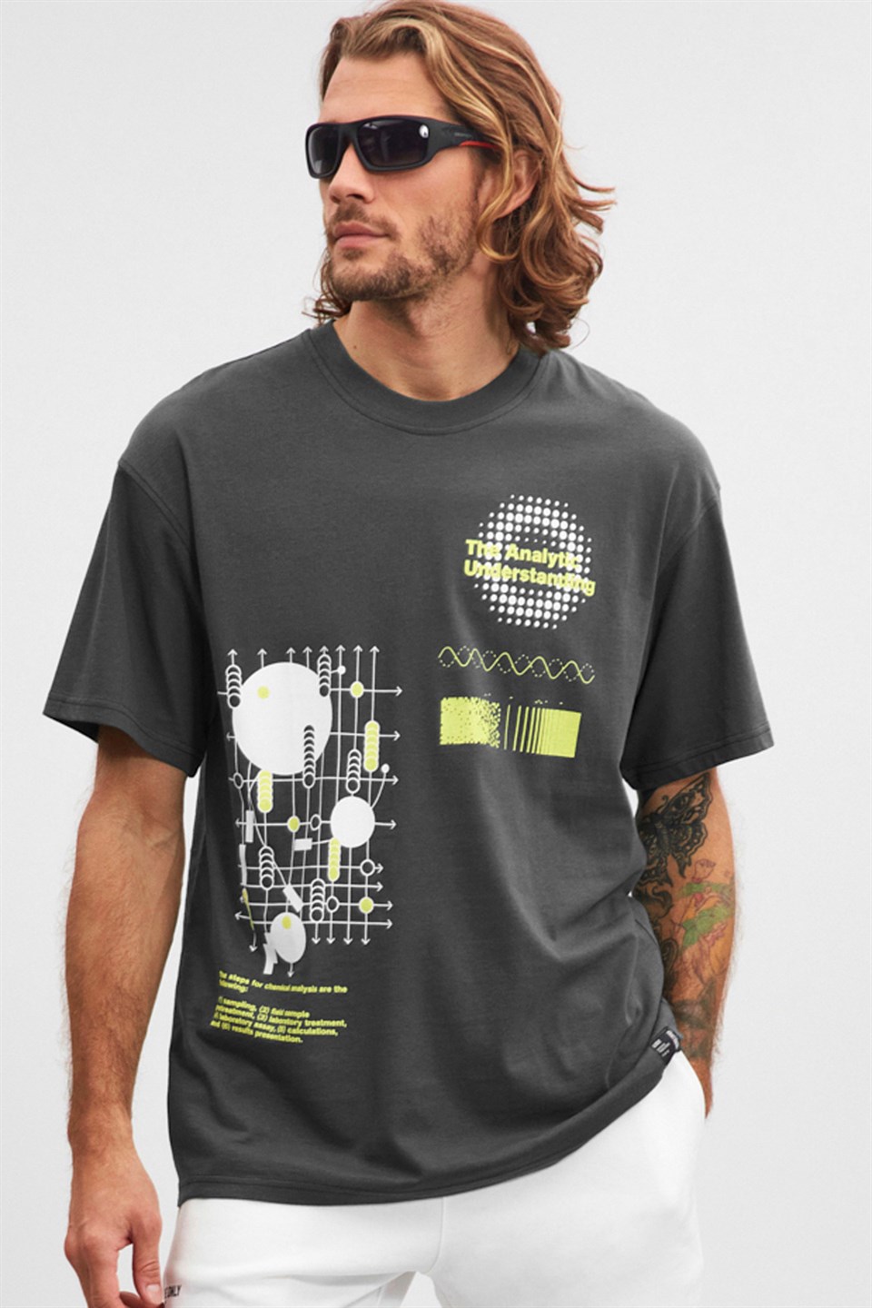 FİELD  Oversize T-Shirt Önü Baskılı Gri  %100 Pamuk Kısa Kollu