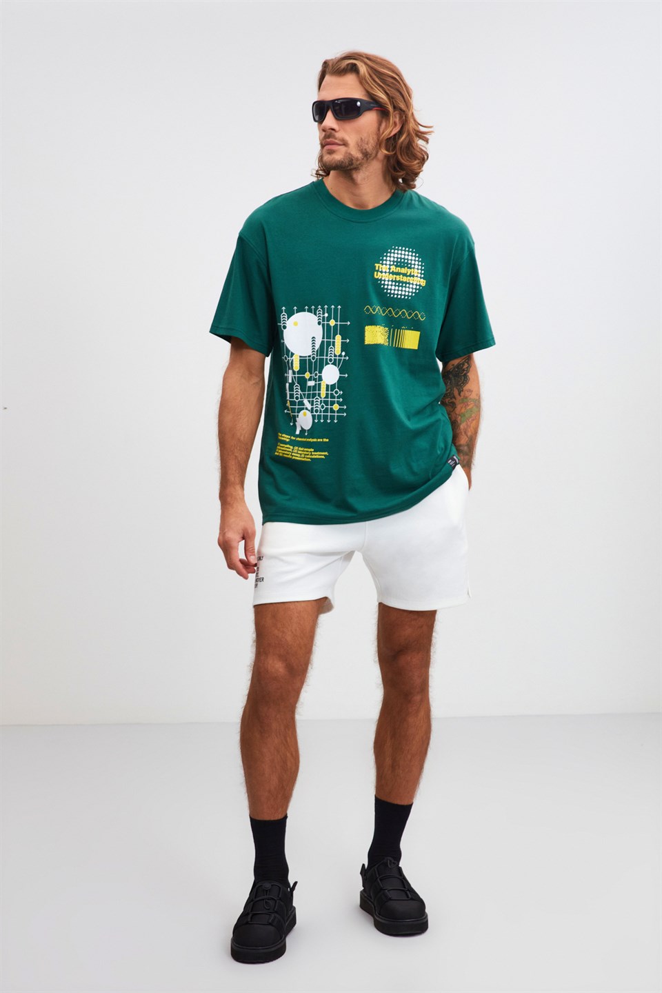 FİELD Yeşil Erkek Önü Baskılı   Kısa Kollu   Oversize T-Shirt