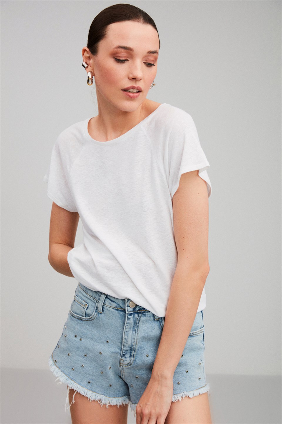 FLORANCE Beyaz Kadın  Yuvarlak Yaka  Kısa Kollu Keten Karışımlı   T-Shirt