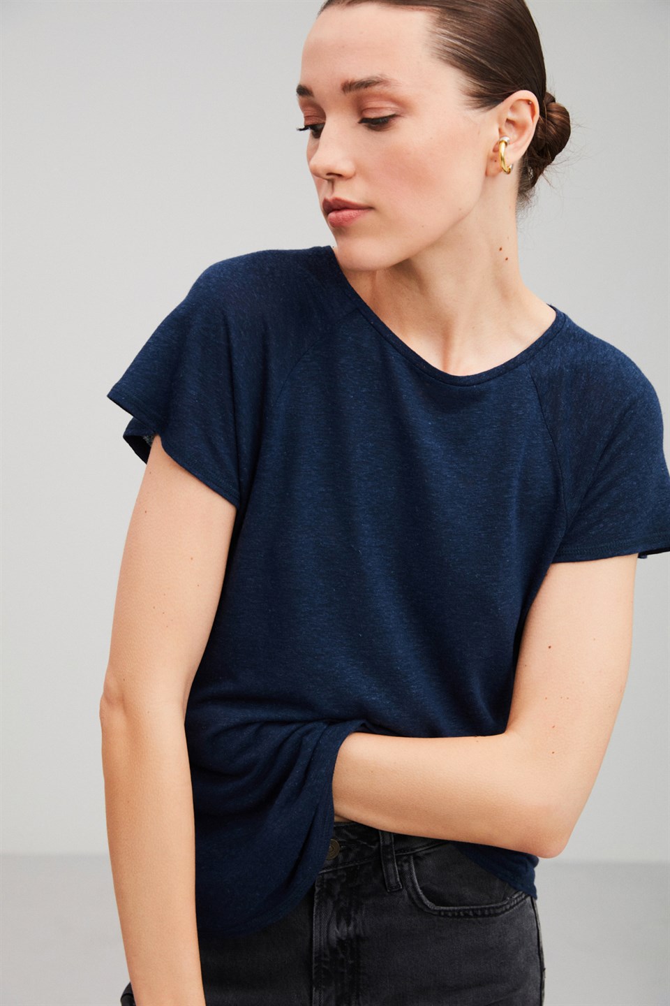 FLORANCE Lacivert Kadın  Yuvarlak Yaka  Kısa Kollu Keten Karışımlı   T-Shirt