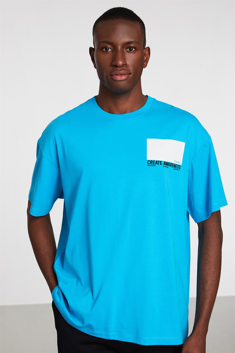 FUTURIST Erkek Mavi Baskılı Yuvarlak Yaka Oversize T-Shirt