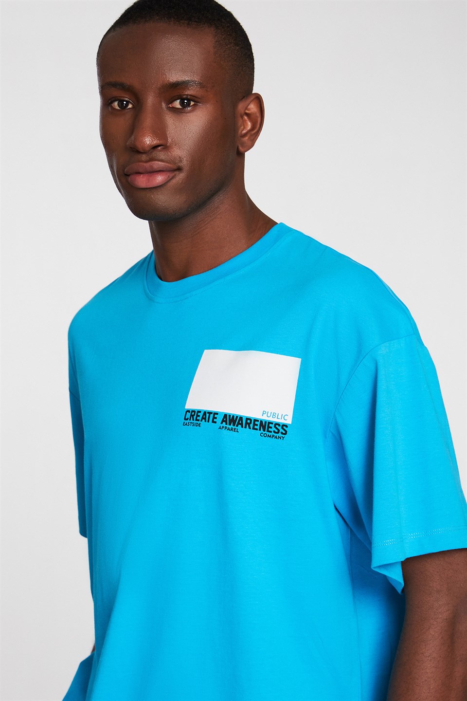FUTURIST Erkek Mavi Baskılı Yuvarlak Yaka Oversize T-Shirt