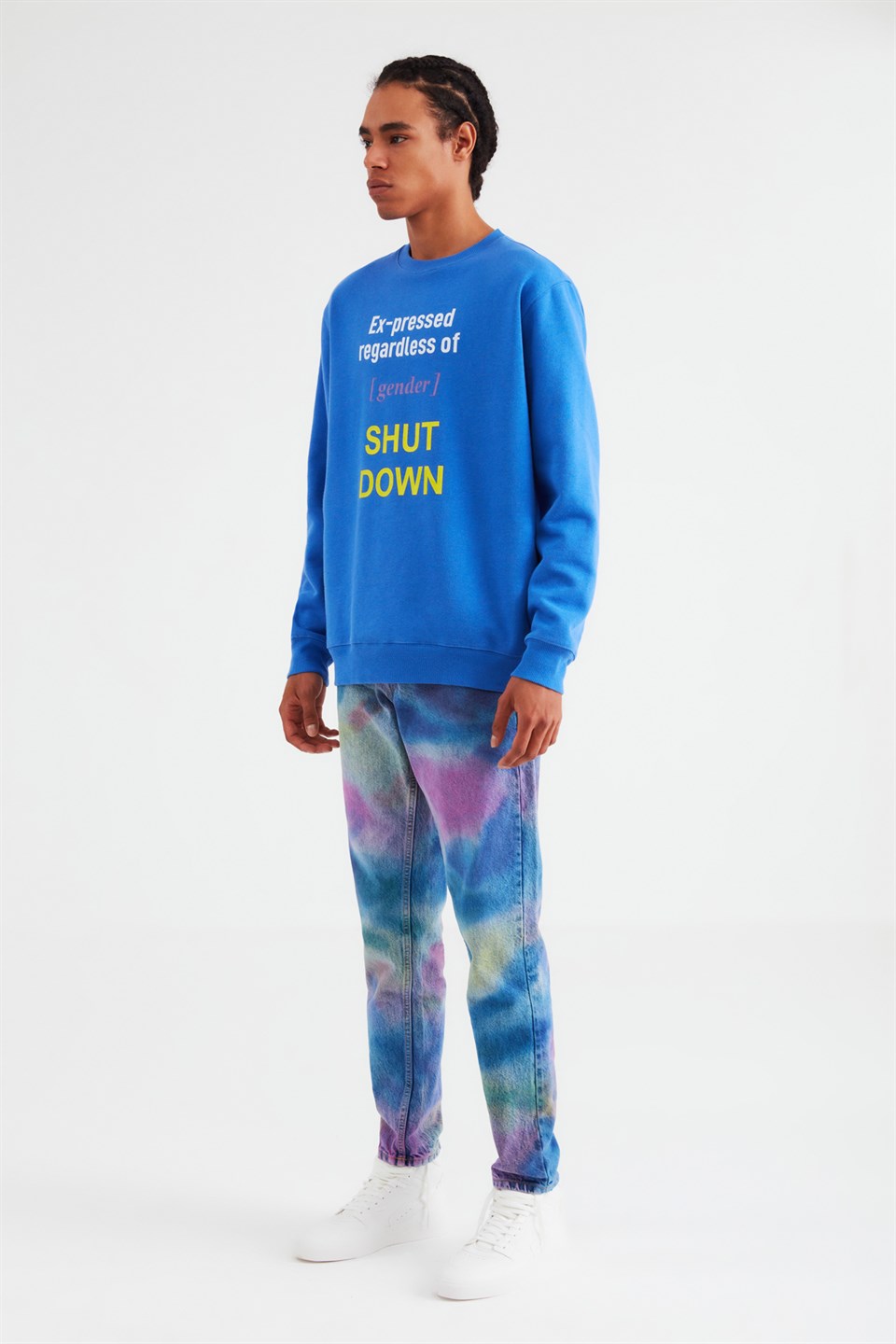GINORMOUS Erkek Saks Mavi Baskılı Yuvarlak Yaka Comfort Fit Sweatshirt