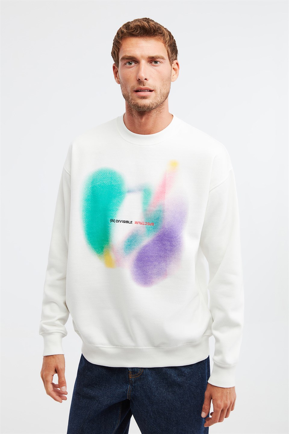 GROTESK Erkek Beyaz Baskılı Yuvarlak Yaka Oversize Sweatshirt