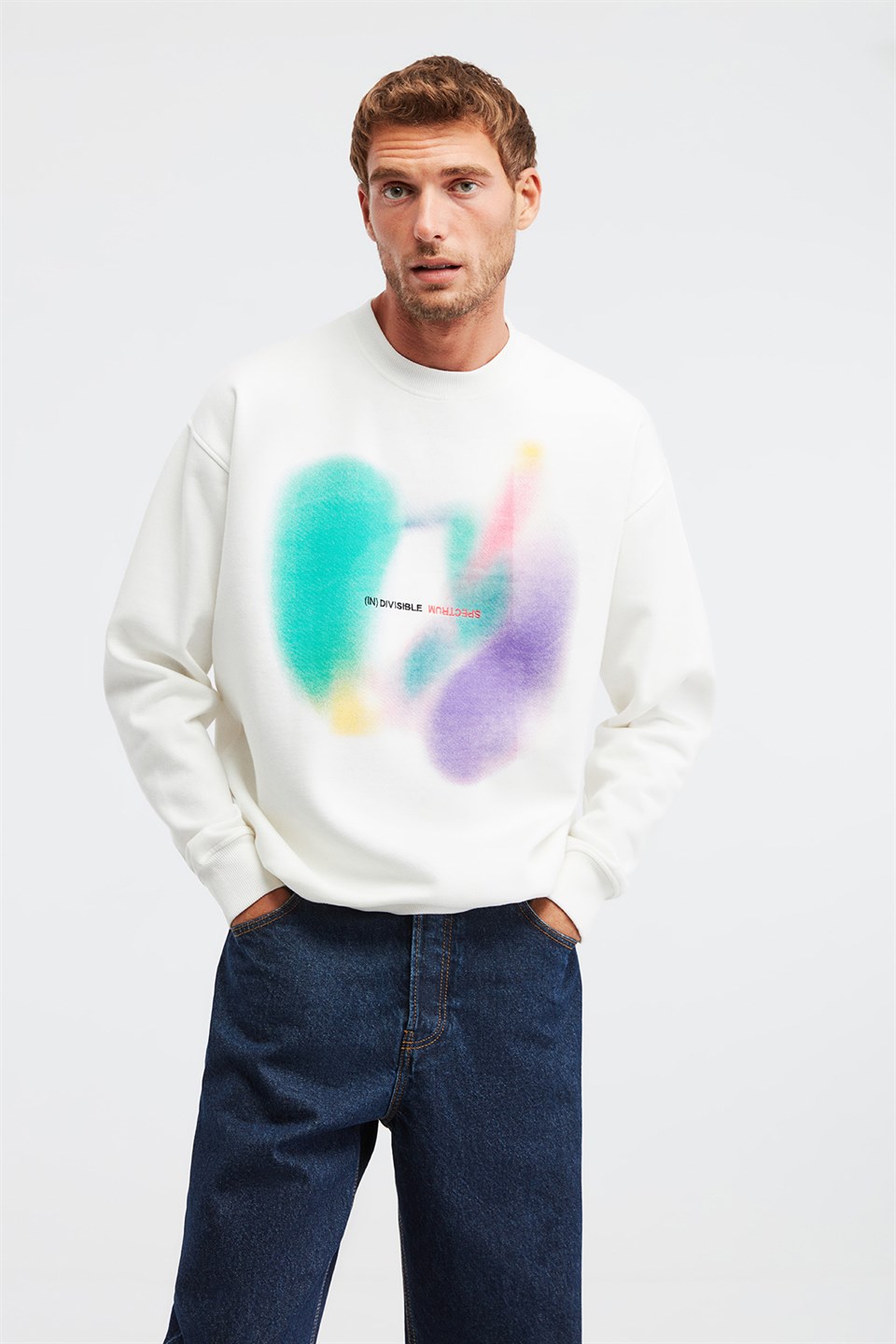 GROTESK Erkek Beyaz Baskılı Yuvarlak Yaka Oversize Sweatshirt