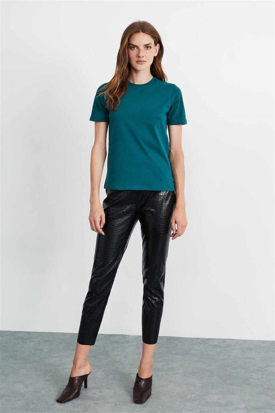 HANNAH Kadın Petrol Yeşili Düz Renk Yuvarlak Yaka Comfort Fit T-Shirt