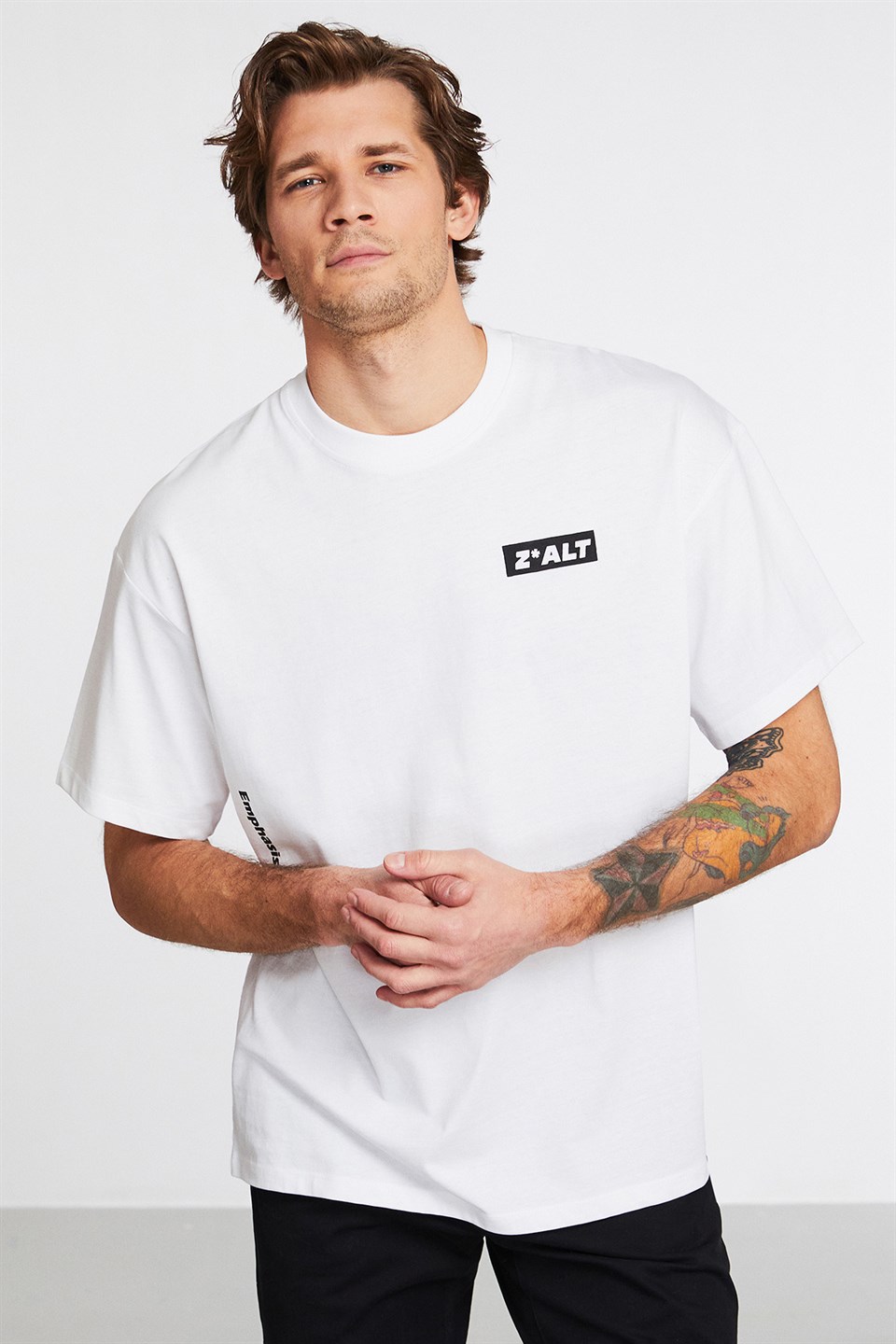 INITIATE Erkek Beyaz Baskılı Yuvarlak Yaka Oversize T-Shirt