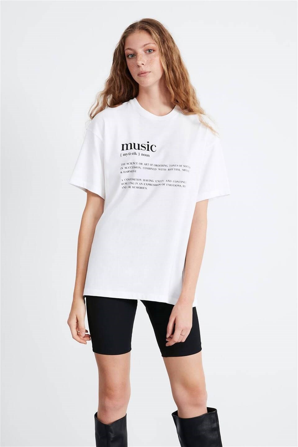 IVY Kadın Beyaz Baskılı Yuvarlak Yaka Oversize T-Shirt