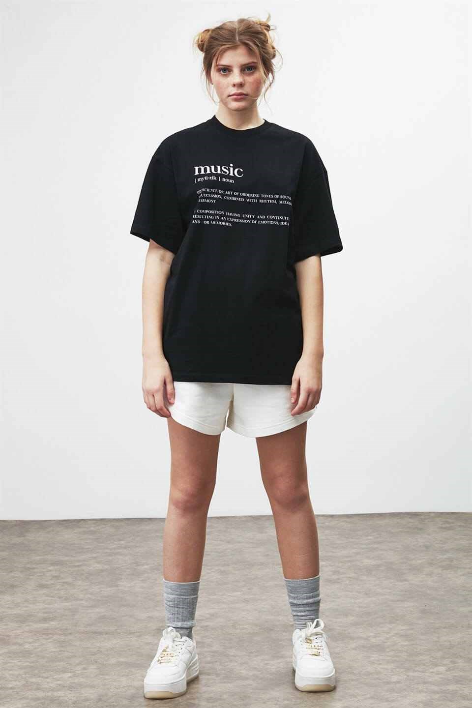 IVY Kadın Siyah Baskılı Yuvarlak Yaka Oversize T-Shirt