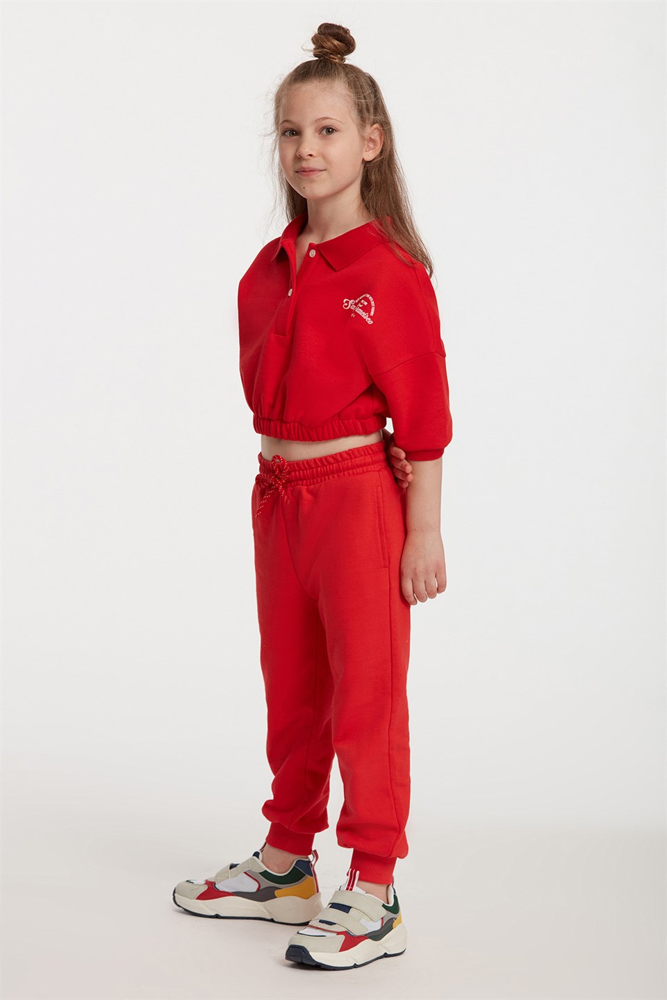KEIKO Çocuk Kırmızı Baskılı Polo Yaka Oversıze Eşofman Takımı